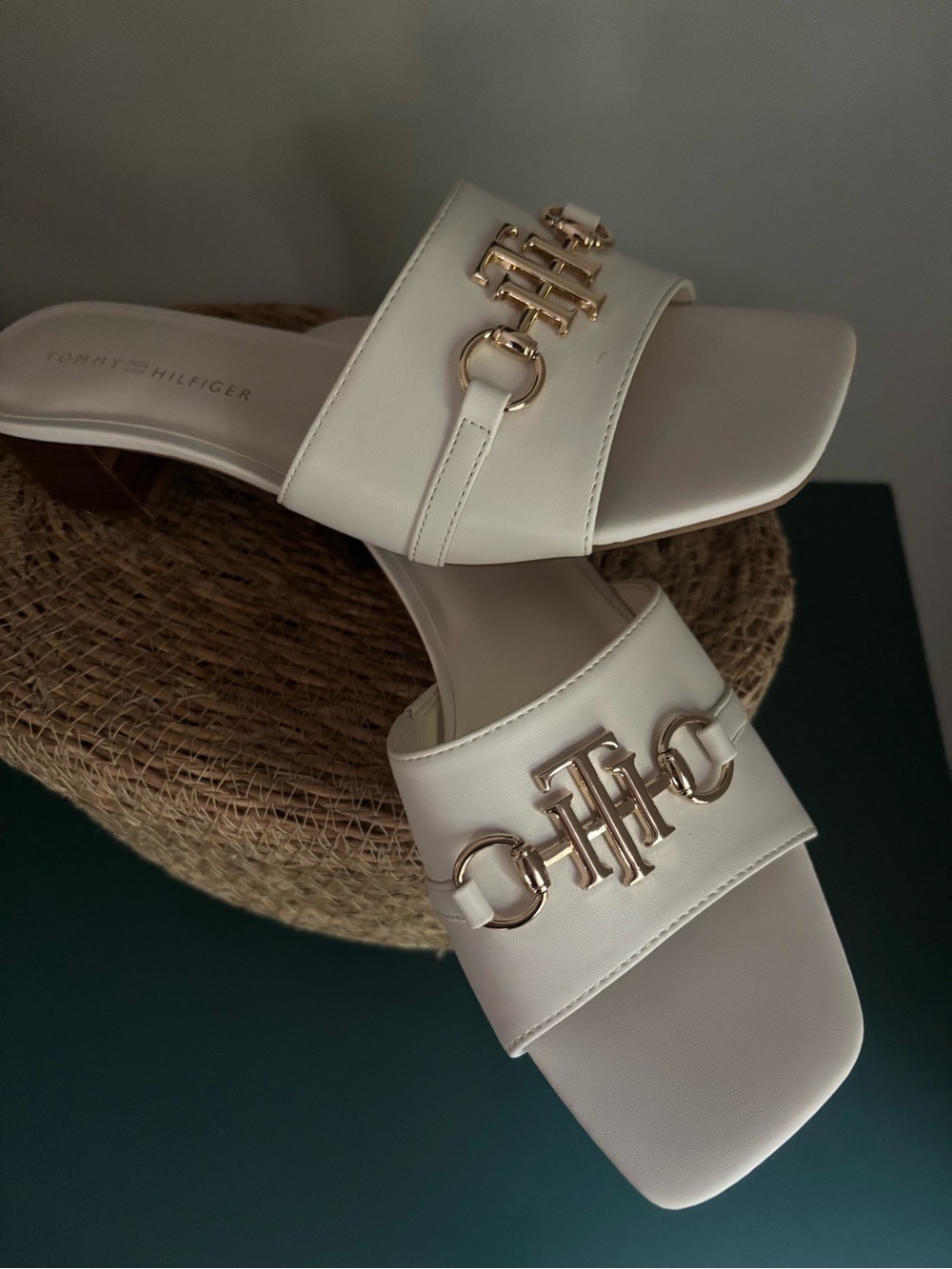 Tommy Hilfiger Cream Slide Mules with Gold Logo Hardware